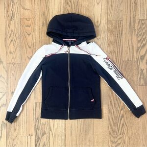 Tommy Hilfiger Womens Full Zip Hoodie Ribbon Drawstring Navy Blue White Size S